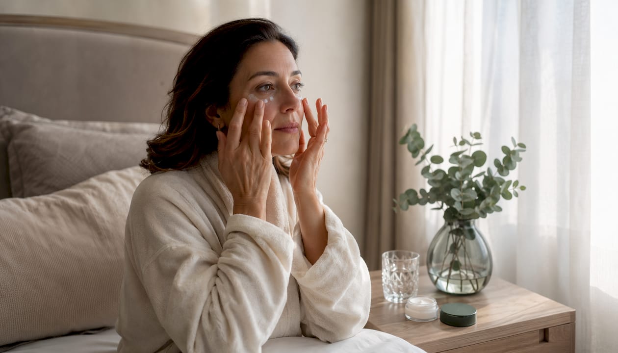 Woman applying Dead Sea eye cream in bathroom