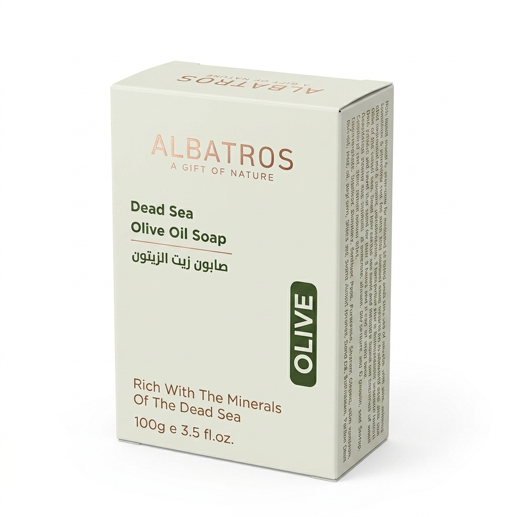 Albatros Dead Sea Olive Oil Soap box, 100g, in a light beige packaging with green and brown text, on a white background.