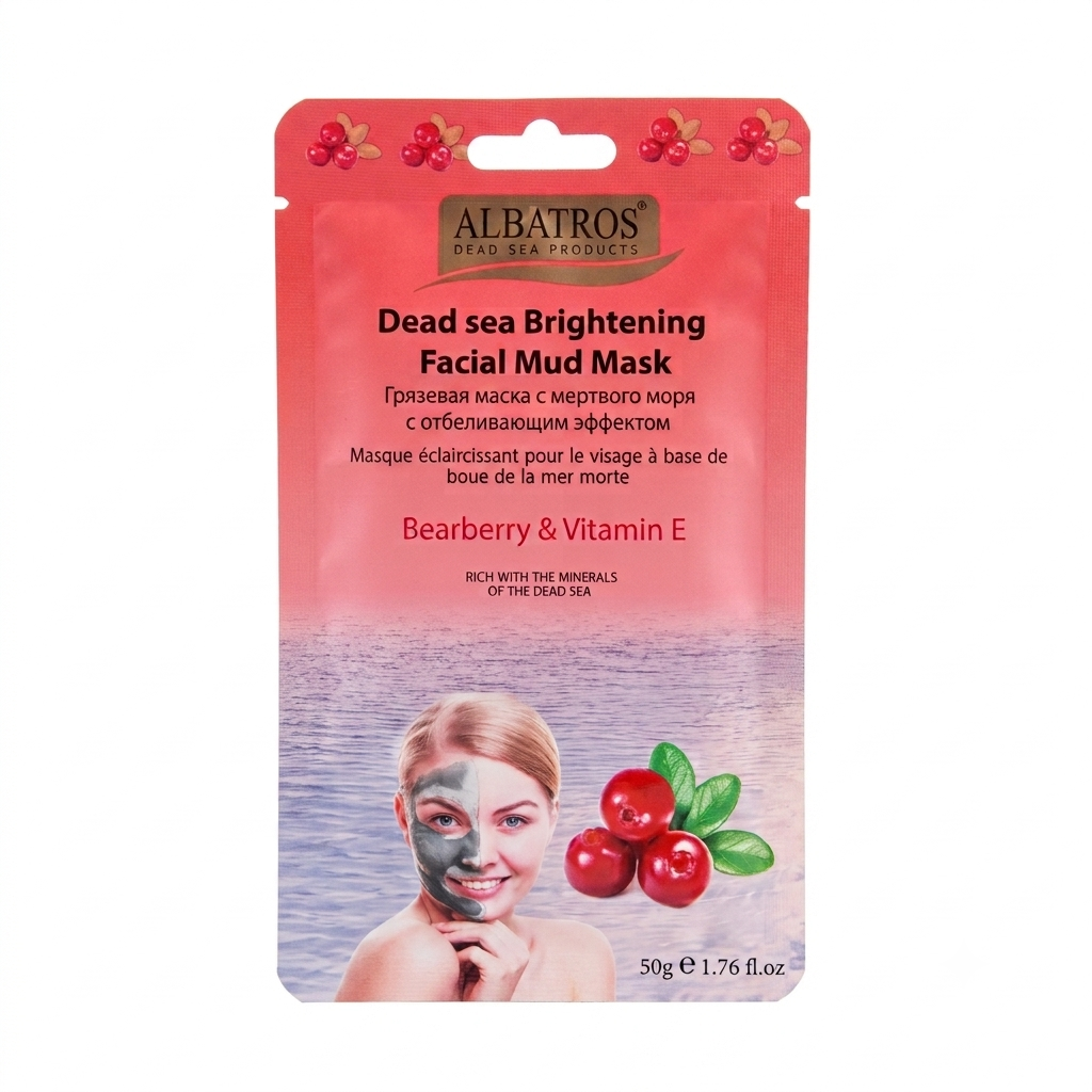 Albatros Dead Sea Brightening Facial Mud Mask in a pink and red stand-up pouch with berry illustrations and a model wearing a dark mask on the front, labeled Bearerby & Vitamin E.
