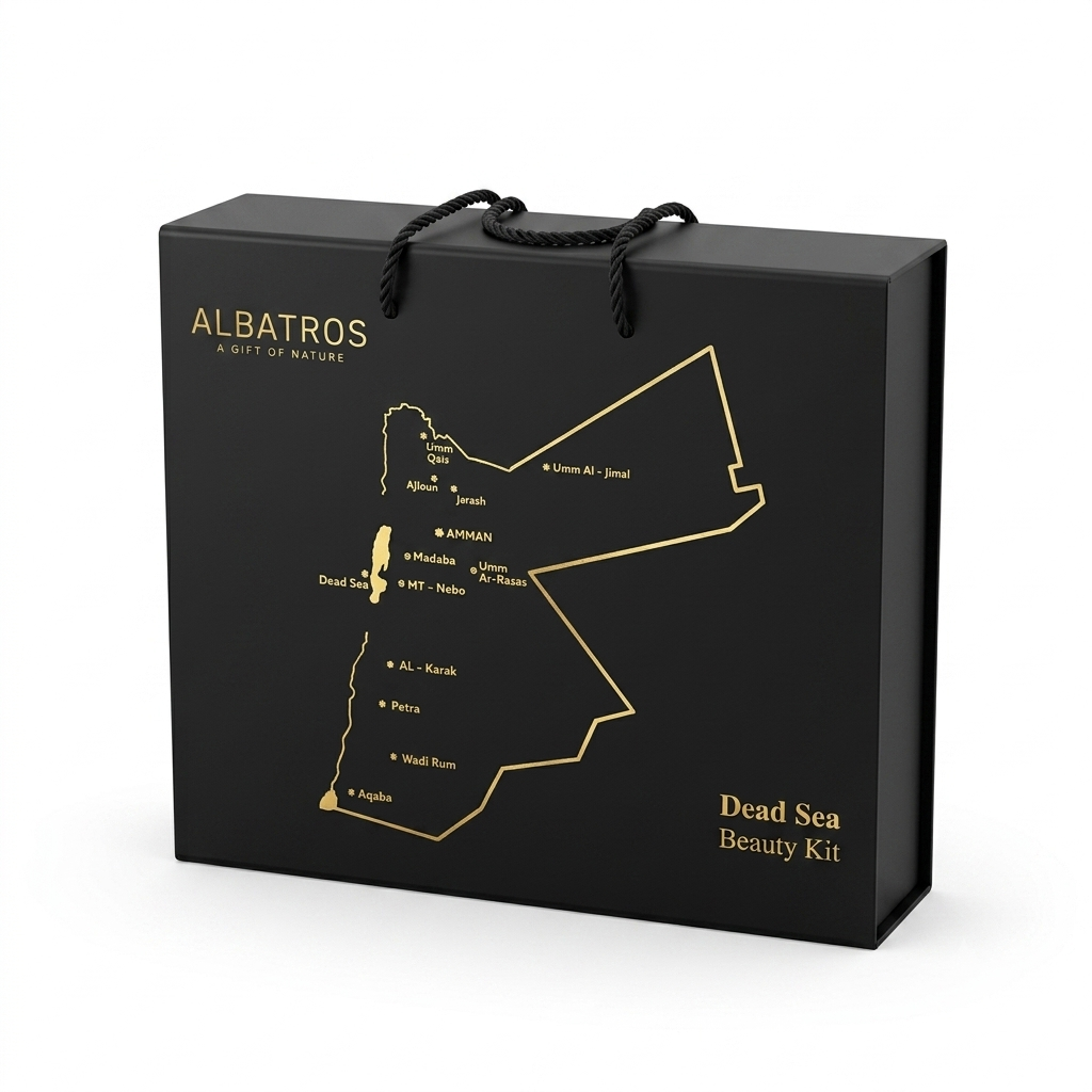A black Albatros gift box with gold lettering and a gold outline map of the Dead Sea region, shown on a clean white background. The box includes black rope handles and is labeled 'ALBATROS A GIFT OF NATURE' and 'Dead Sea Beauty Kit'.