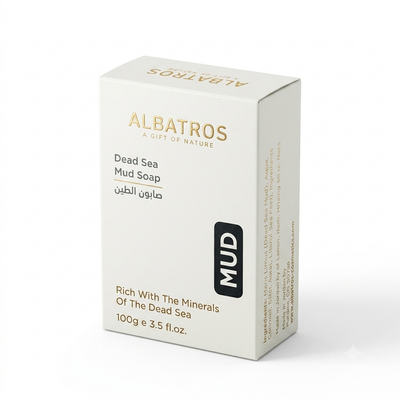 Albatros Dead Sea Mud Soap 100g box, featuring a clean off-white packaging design with gold lettering and a black 'MUD' label, set against a plain white background.