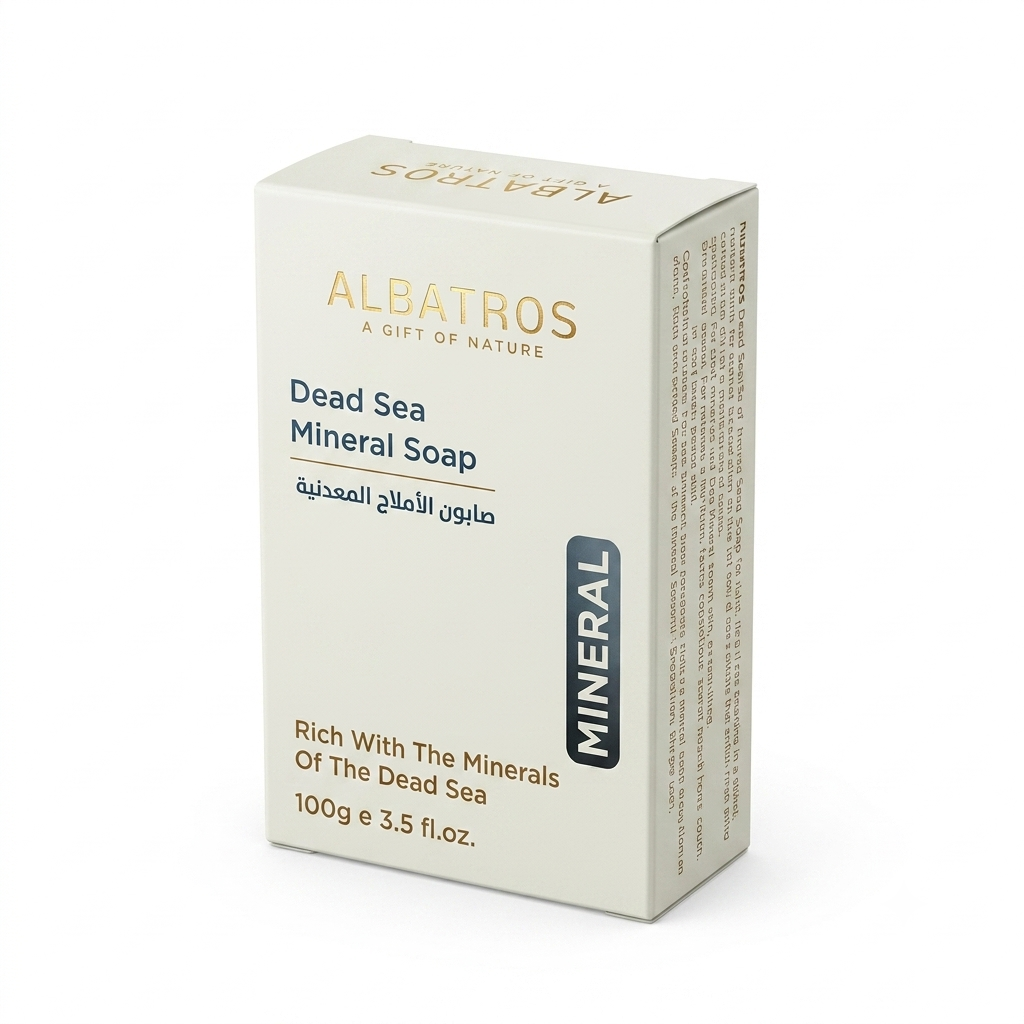 Albatros Dead Sea Mineral Soap box, 100g, featuring a cream-colored packaging with gold and dark blue text on a white background.