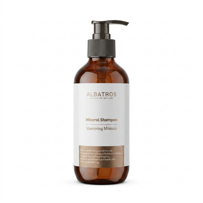 Albatros Mineral Shampoo in an amber brown bottle with a black pump dispenser and a white label, shown on a plain white background.