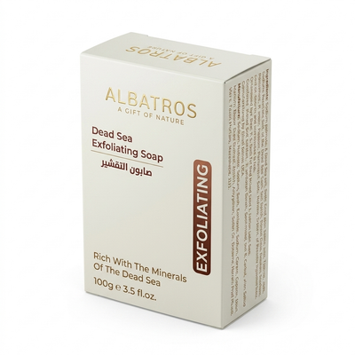 Albatros Dead Sea Exfoliating Soap box, 100g, featuring a cream-colored packaging with gold and brown text on a white background.