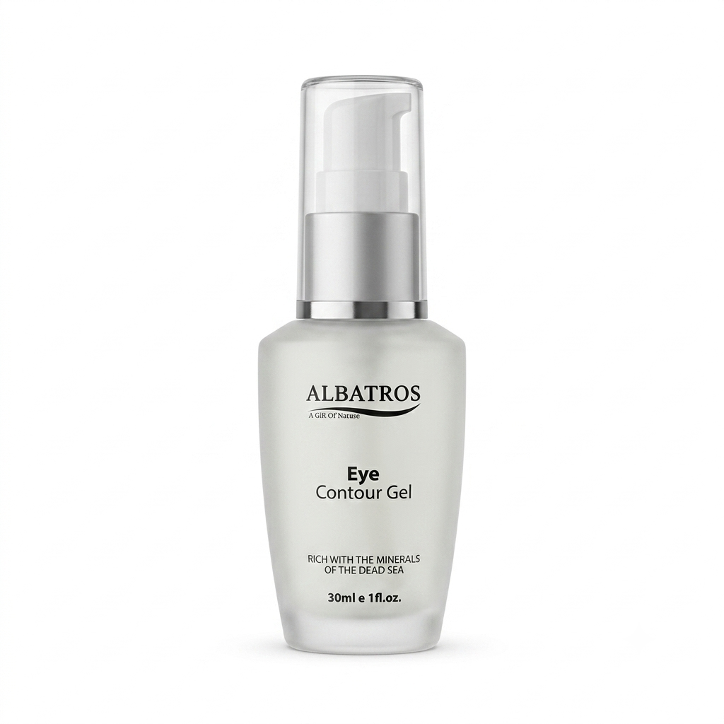 Albatros Eye Contour Gel in a frosted glass bottle with a silver pump dispenser, shown on a clean white background.