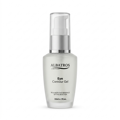 Albatros Eye Contour Gel in a frosted glass bottle with a silver pump dispenser, shown on a clean white background.