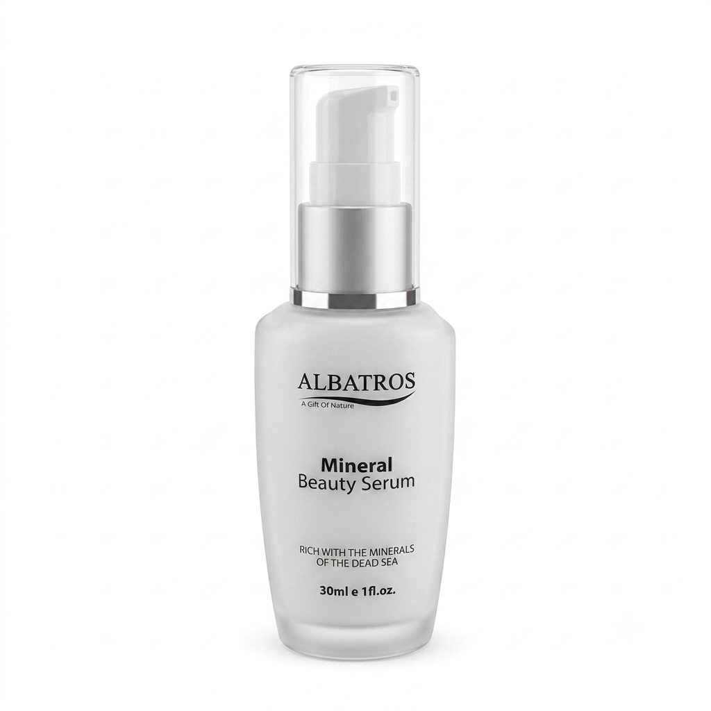 Albatros Mineral Beauty Serum in a frosted glass pump bottle with a silver collar and clear cap, on a white background.
