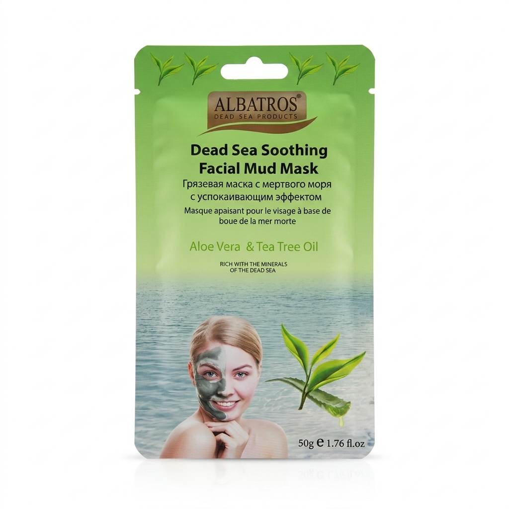 Albatros Dead Sea Soothing Facial Mud Mask in its green and blue packaging, featuring a woman with the mask applied to her face and illustrations of aloe vera and tea tree oil.