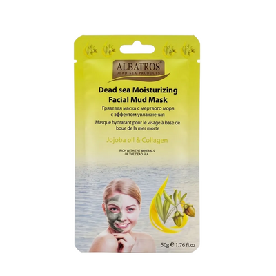 Albatros Dead Sea Moisturizing Facial Mud Mask in a yellow and white single-use pouch, featuring a photo of a woman with a green face mask and a jojoba illustration.