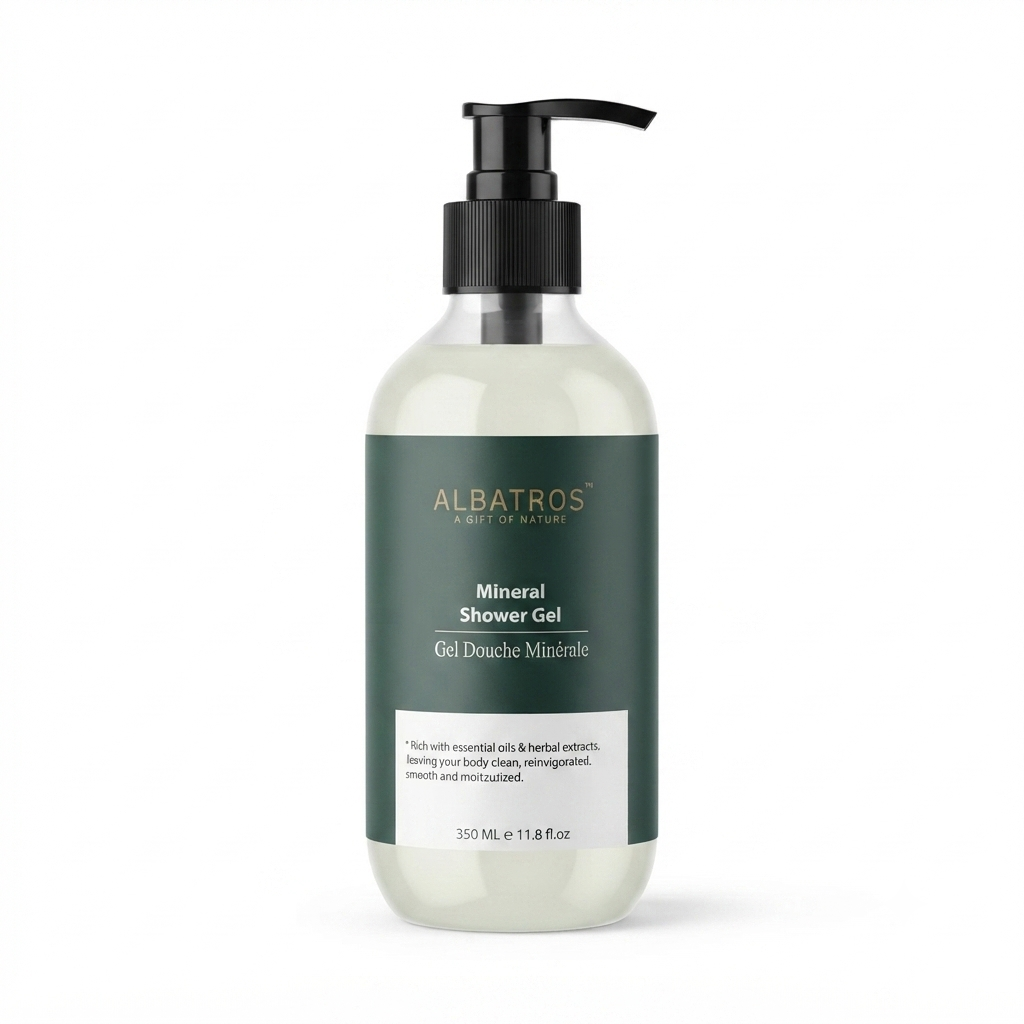A 350 mL bottle of Albatros Mineral Shower Gel on a clean white background. The bottle is made of frosted translucent plastic showing the light-colored gel inside, with a dark green label and a black pump dispenser.